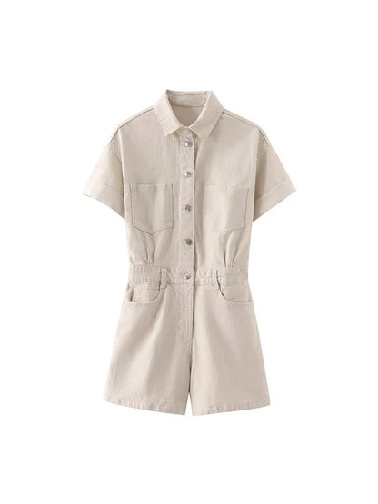 Women's Denim Short Jumpsuit - Retro High-Waist Style with Zipper Placket | Casual Chic Outfit Sabrina