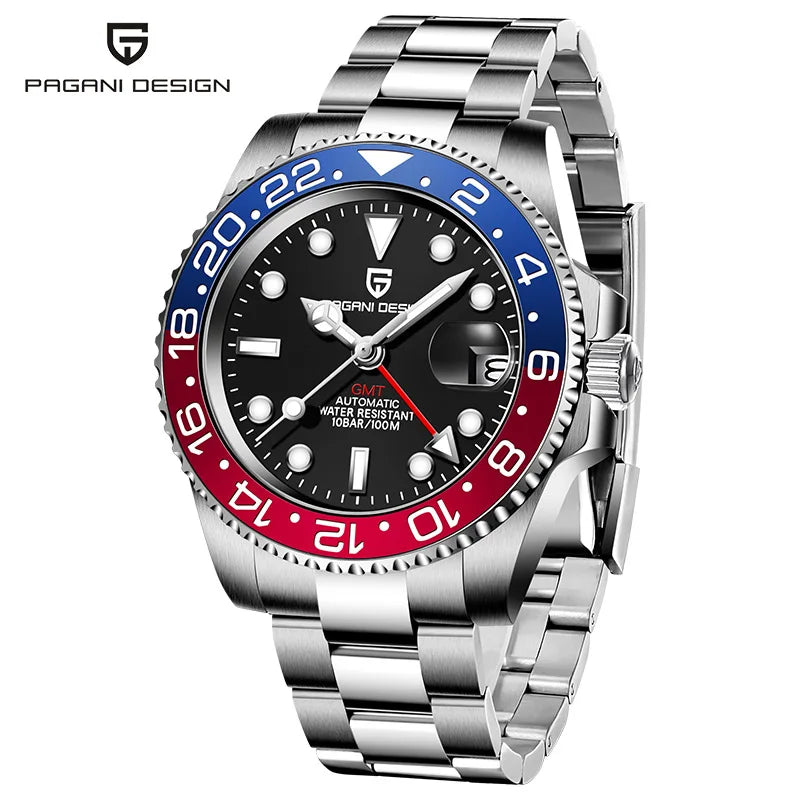 PAGANI DESIGN PD‑1662 Men’s GMT Automatic Mechanical Watch | Sapphire Glass, Stainless Steel, 100M Waterproof Luxury Timepiece