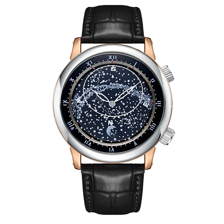 PAULAREIS Luxury Men’s Automatic Watch – Starry Sky Rotating Dial, Waterproof Mechanical Wristwatch with Leather Strap Astro