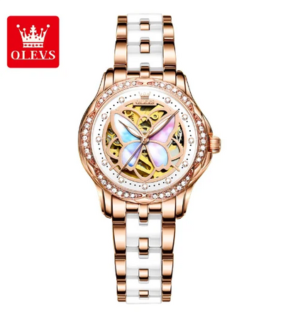 OLEVS 6615 Women's Diamond Mechanical Watch – Butterfly Hollow Design, Waterproof, Luxury Ladies Timepiece
