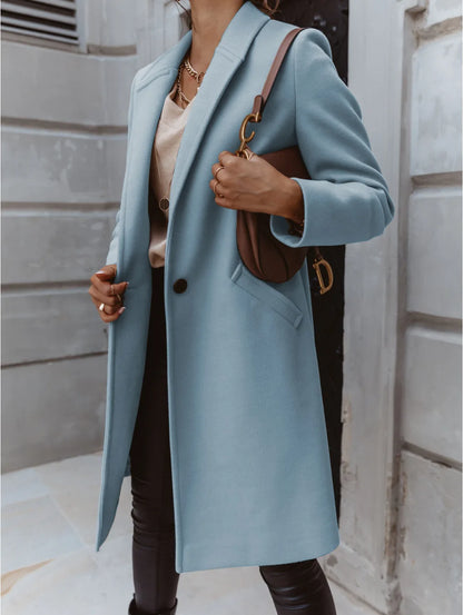 Women's Solid Color Woolen Coat - Lapel Button Mid-Length Autumn & Winter, Office Wear Cathy