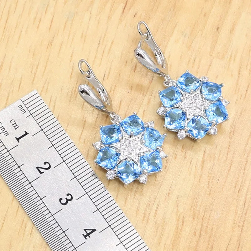 925 Sterling Silver Luxury Jewelry Set for Women – Blue Zircon Wedding Bracelet, Earrings, Necklace, Pendant & Ring | Bridal & Birthday Gift Ghislaine
