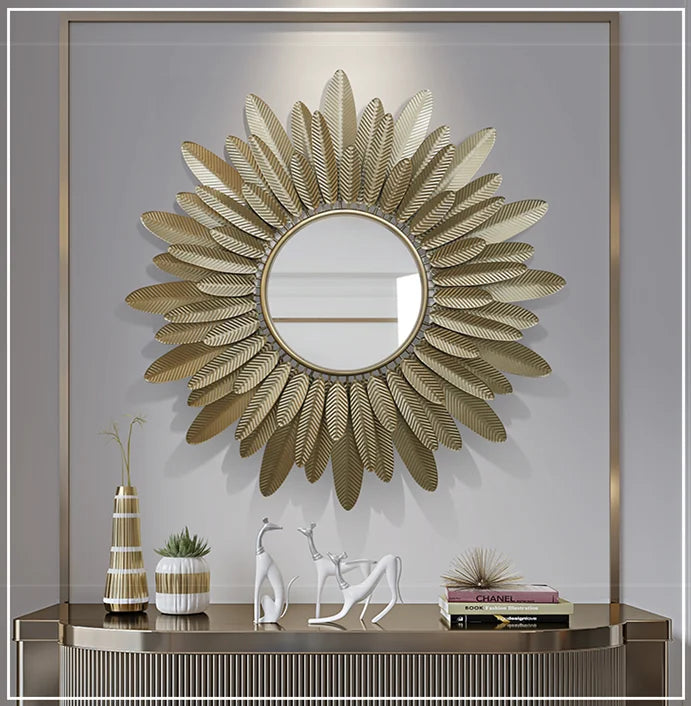 Large Gold Metal Frame Wall Art Mirror – Modern Feather Design Decorative Mirror for Living Room