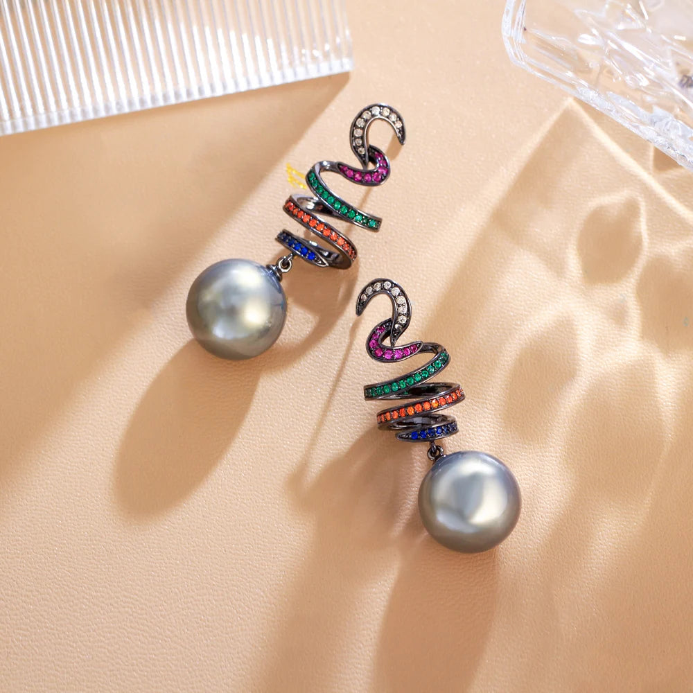 Elegant Multicolor Cubic Zirconia Dangle Earrings for Women – Geometric Design with Simulated Grey Pearls, Perfect for Weddings & Parties Ophelia