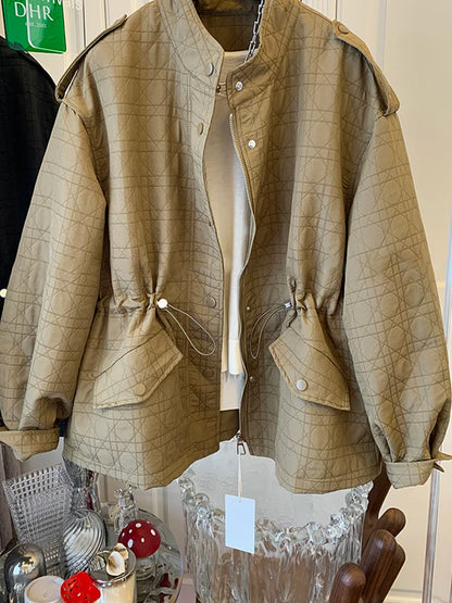 Women’s Autumn Premium Windbreaker Coat – Stand Collar, Drawstring Waist, Quilted Lingge Design