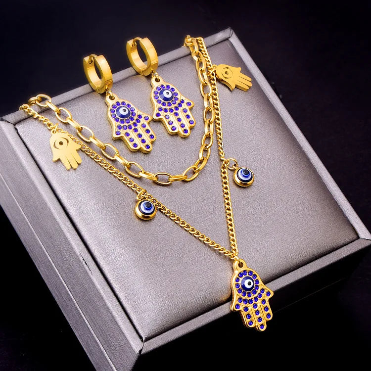 Luxury 18K Gold Blue Zircon Eye Jewelry Set – Double Chain Necklace, Bracelet & Earrings for Women Sylviane