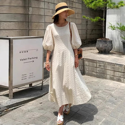 Spring Retro Women's Dress – Short Sleeve, Round Neck, Embroidered Hollow Design, Lace-Up Waist, Slimming Fit