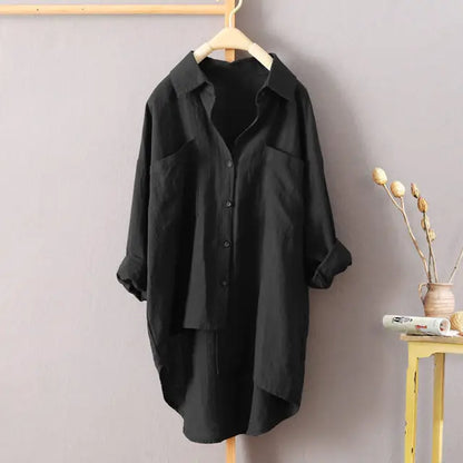 Women Long Sleeve Cotton Linen Loose Shirts Lapel Collar Pockets Solid Color Single Breasted Button Blouse