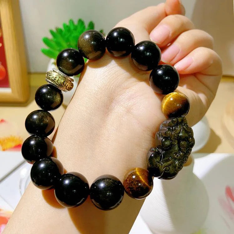 Fortune Feng Shui Gold Obsidian Pixiu Beads Bracelet – Stainless Steel Lucky Amulet Jewelry