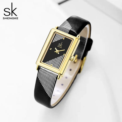 Shengke Women's Designer Rectangle Watch – Elegant Ladies Wristwatch with Leather Band and Quartz Movement Chantal