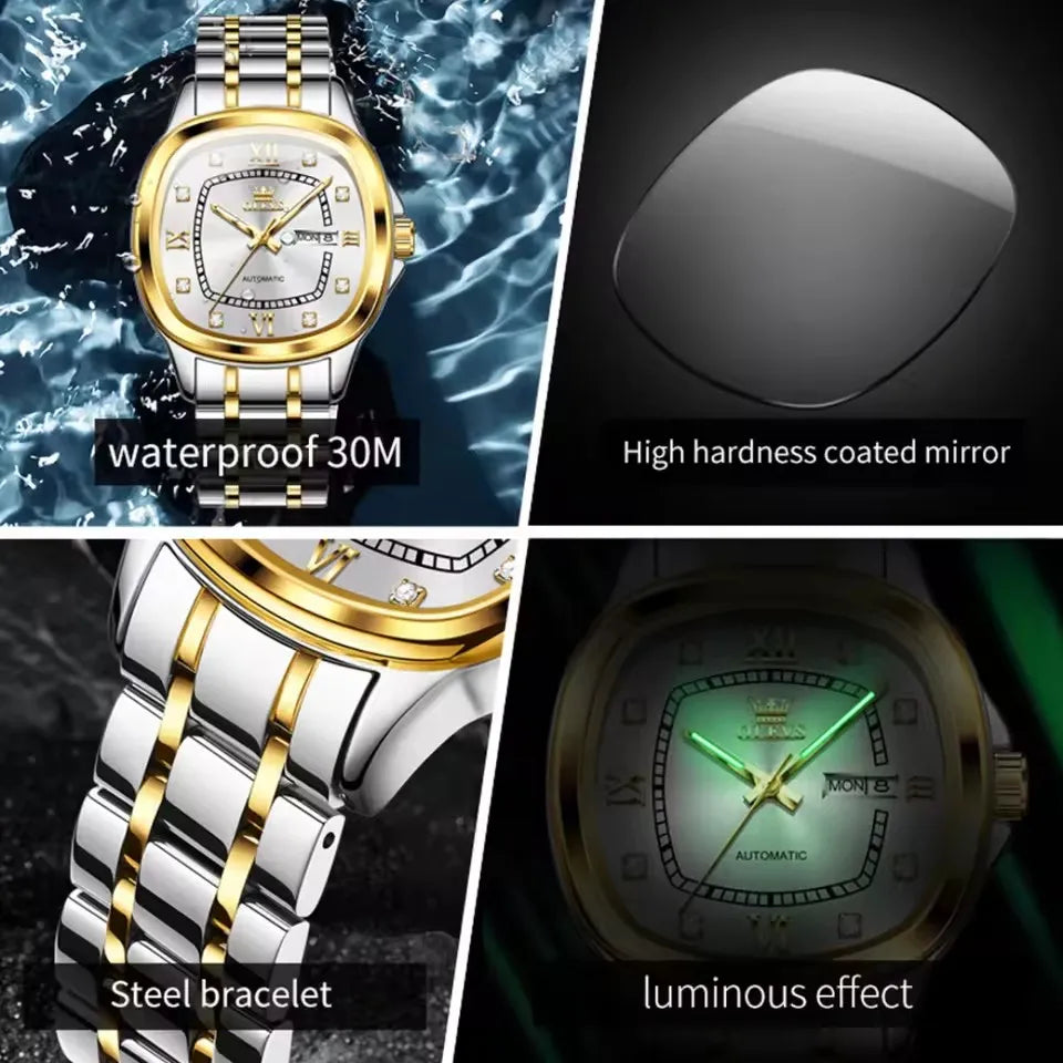 OLEVS 9810 Men's Automatic Mechanical Watch - Waterproof Stainless Steel Square Dial with Luminous Display & Calendar