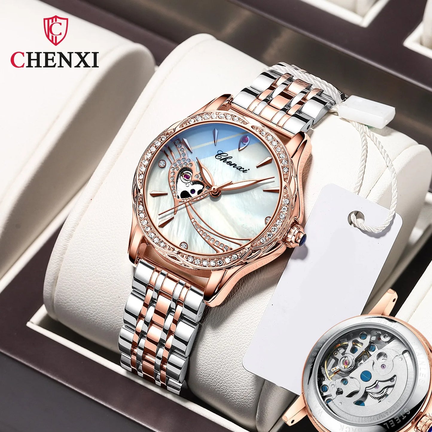 CHENXI 8837 Women's Luxury Diamond Skeleton Watch - Automatic Mechanical Stainless Steel Waterproof Timepiece