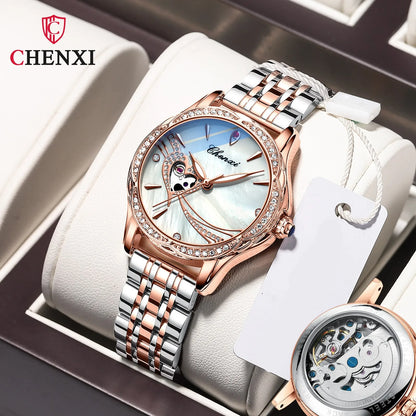 CHENXI 8837 Women's Luxury Diamond Skeleton Watch - Automatic Mechanical Stainless Steel Waterproof Timepiece