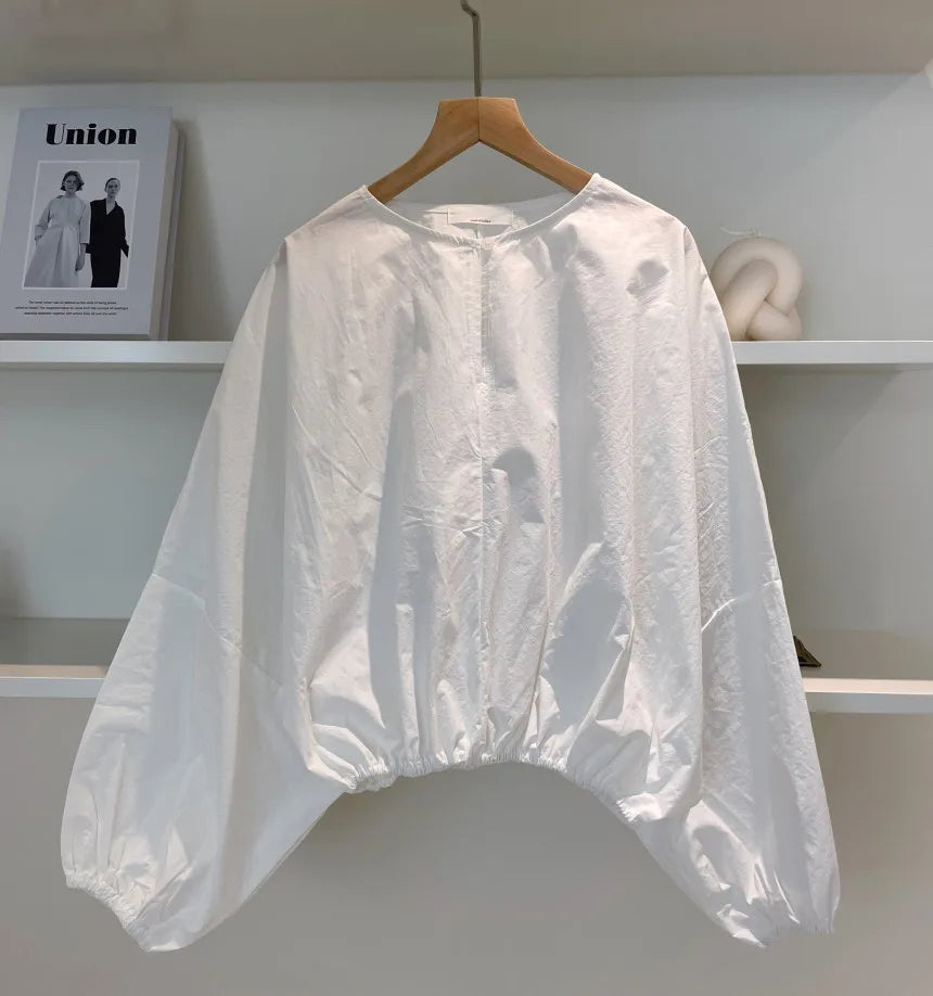 Women's Summer French Style Loose Bubble Sleeve Shirt - Round Neck, Solid Color, Casual Sunscreen Top