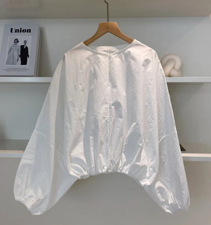 Women's Summer French Style Loose Bubble Sleeve Shirt - Round Neck, Solid Color, Casual Sunscreen Top