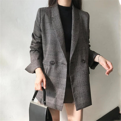 Women's Plaid Double-Breasted Blazer – Formal Checkered Jacket with Pockets for Fall, Winter, and Spring Beatrice
