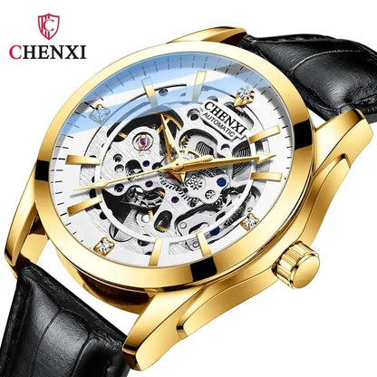 CHENXI 
8821 Men’s Transparent Skeleton Watch – 40mm Automatic Movement, Waterproof Leather Wristwatch
