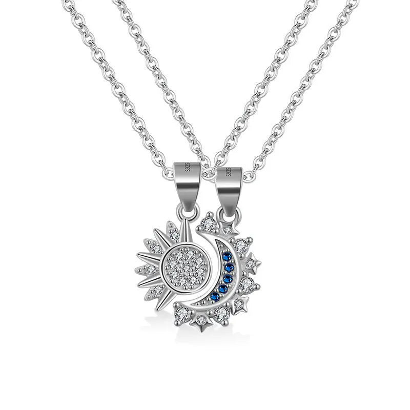 Sterling Silver Sun and Moon Couple Necklace – Custom Fine Pendant for Anniversary Gift Set Kelsa