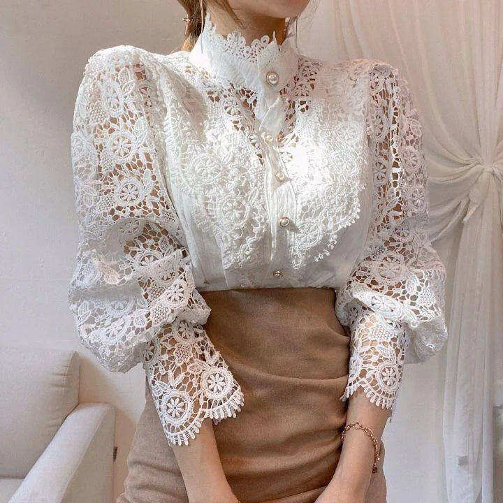 Women Blouse Petal Sleeve Stand Collar Hollow Out Flower Lace Patchwork Shirt