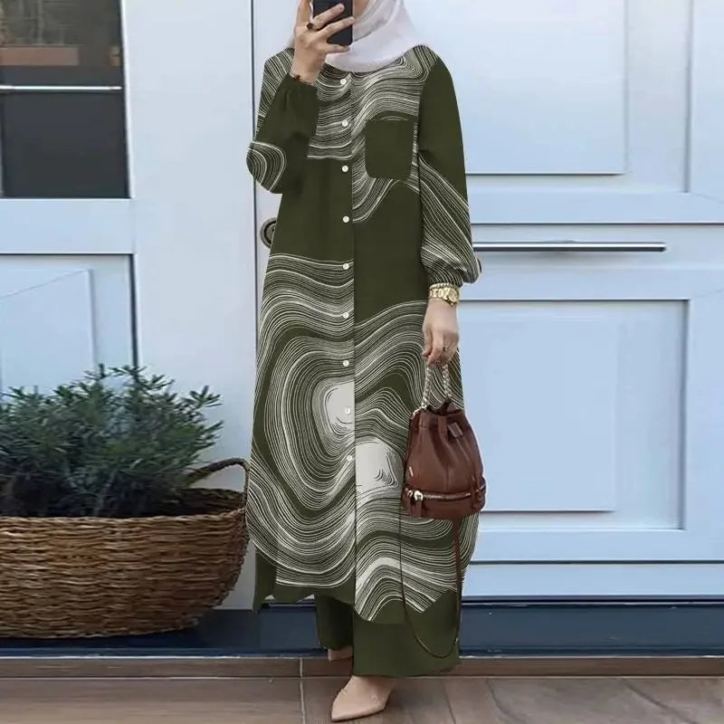 Muslim Women's Arabic Style Two-Piece Outfit – Long-Sleeve Shirt and Trousers Set for Modest Fashion Hiba