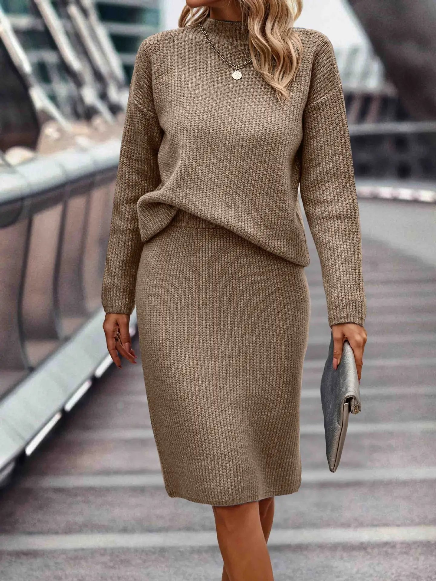 Women's Elegant 2-Piece Knitted Skirt Suit - Loose Fit Split Design with Casual Print for Autumn, Spring, and Winter Fidelia