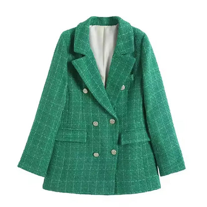 Women's Vintage Houndstooth Blazer Coat - Long Sleeve Double-Breasted Outerwear with Flap Pockets Constantia