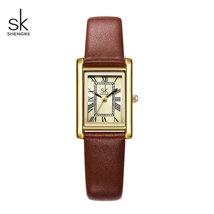 Shengke Women's Minimalist Square Watch – Elegant Ladies Quartz Wristwatch with Silver and Gold Alloy Band for Girls