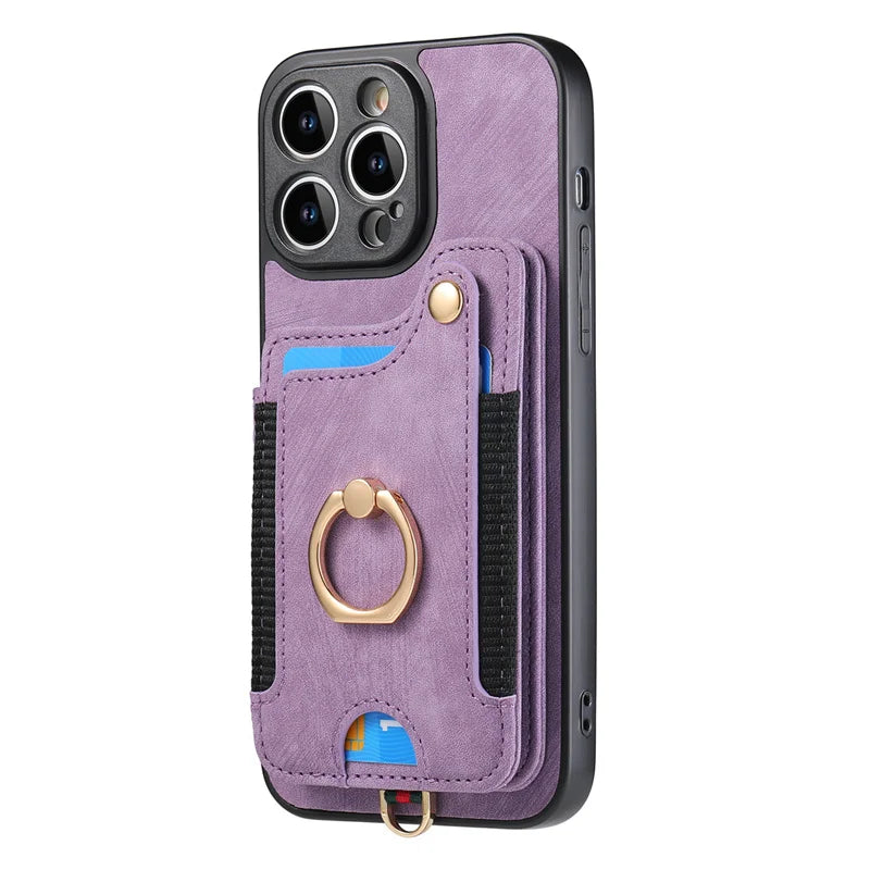 Leather Card Holder Phone Case – Protective Cover with Strap for iPhone 15, 14, 13
