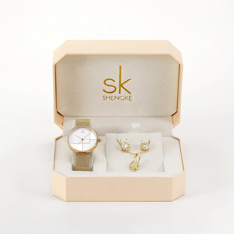 Shengke Women’s Luxury Watch & Jewelry Set – 30mm Quartz Watch with Necklace