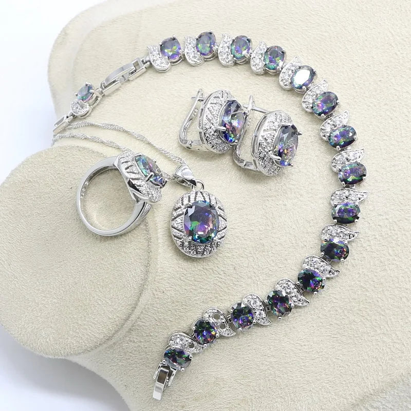 925 Sterling Silver Jewelry Set for Women – Olive Peridot & White Zircon Bracelet, Earrings, Necklace & Ring | Perfect for Parties & Weddings Coraline