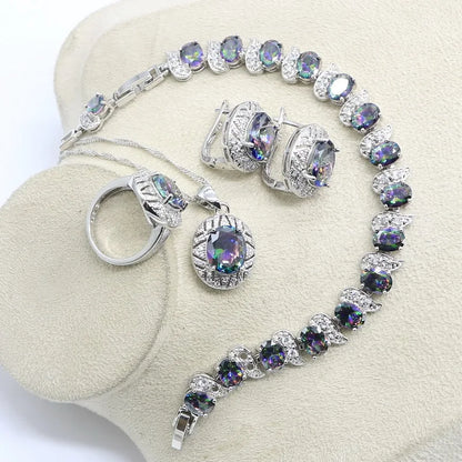 925 Sterling Silver Jewelry Set for Women – Olive Peridot & White Zircon Bracelet, Earrings, Necklace & Ring | Perfect for Parties & Weddings Coraline