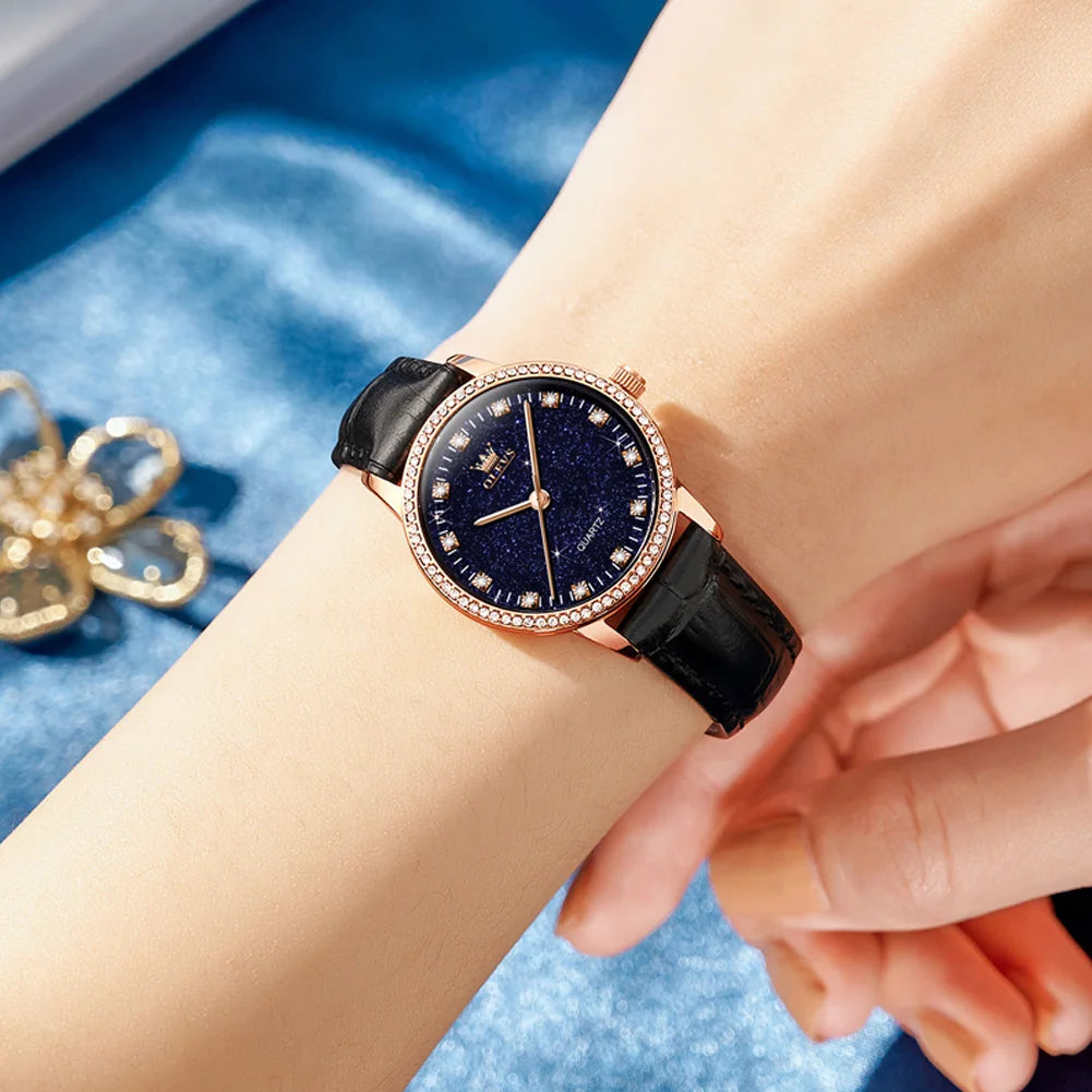 OLEVS 5605 Women’s Quartz Watch | Elegant Leather Strap, Diamond Luminous Dial Katsa
