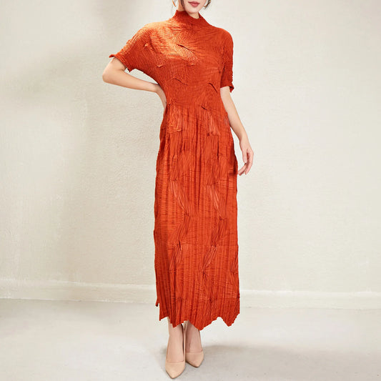Women's Elegant Pleated Maxi Dress | Miyake Style with Belt, Breathable & Heat-Resistant Design Viviene