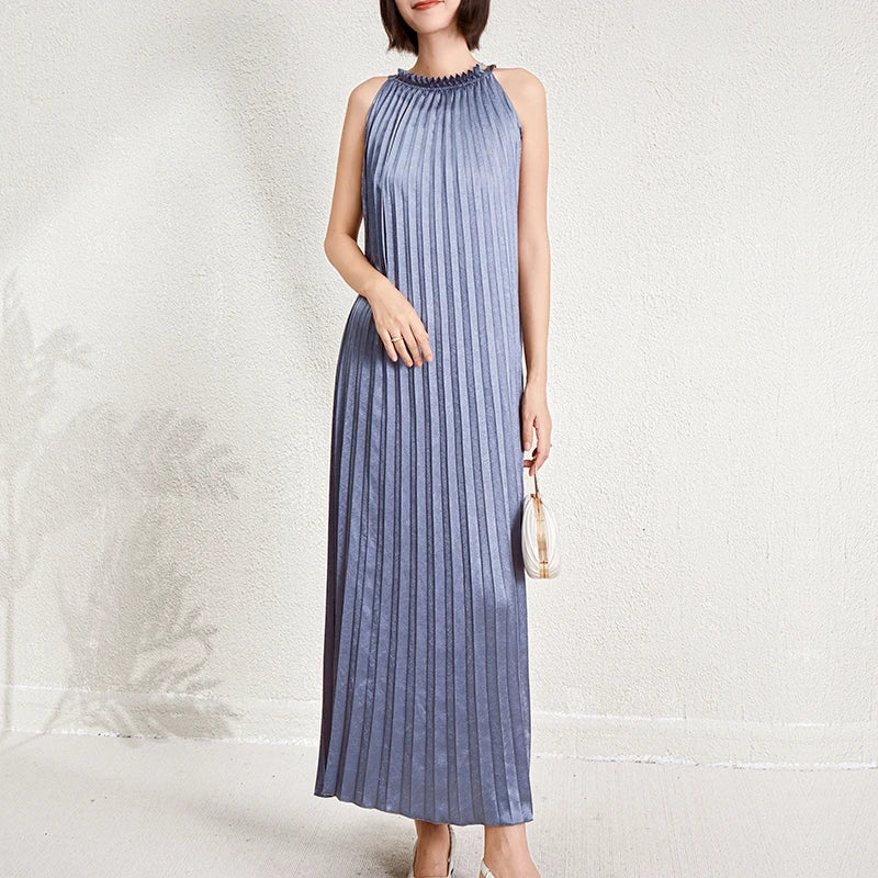 Women's Halter Neck Sleeveless Dress | Metallic Polyester Flowing Pleated Beach Tank Dress Juliette