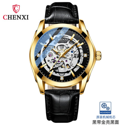 CHENXI 
8821 Men’s Transparent Skeleton Watch – 40mm Automatic Movement, Waterproof Leather Wristwatch