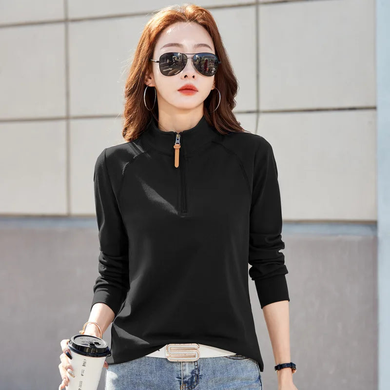 Women's Spring T-Shirt - Zipper Lapel Stand Collar, New Style