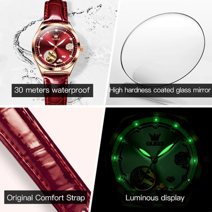 OLEVS 6601 Women's Luxury Mechanical Watch - Trendy Classic Design, Diamond Dial, Waterproof Leather Wristwatch