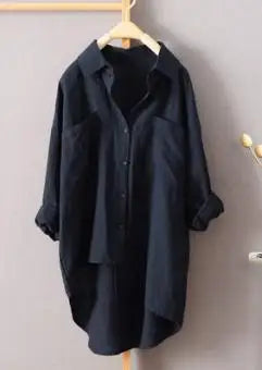 Women Long Sleeve Cotton Linen Loose Shirts Lapel Collar Pockets Solid Color Single Breasted Button Blouse