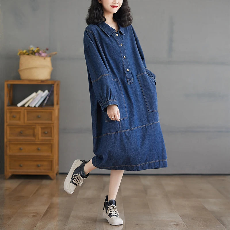 Women's Fashionable Mid to Long Denim Dress – Loose Fit, Slimming Design for a Trendy Look Kestrel