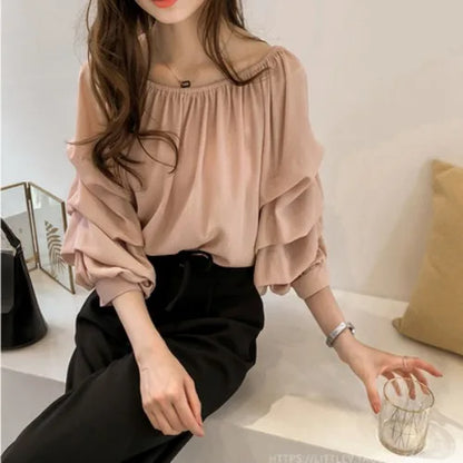 Women's Off-Shoulder Chiffon Blouse - Loose Lantern Sleeve Top Lara