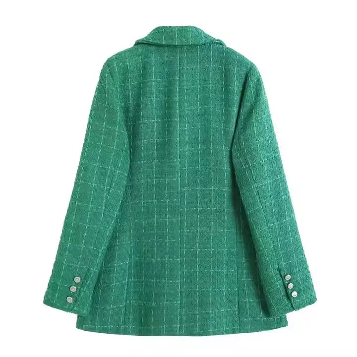 Women's Vintage Houndstooth Blazer Coat - Long Sleeve Double-Breasted Outerwear with Flap Pockets Constantia