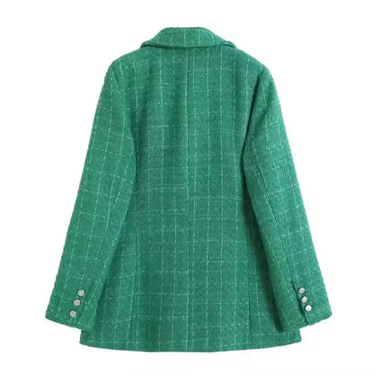 Women's Vintage Houndstooth Blazer Coat - Long Sleeve Double-Breasted Outerwear with Flap Pockets Constantia
