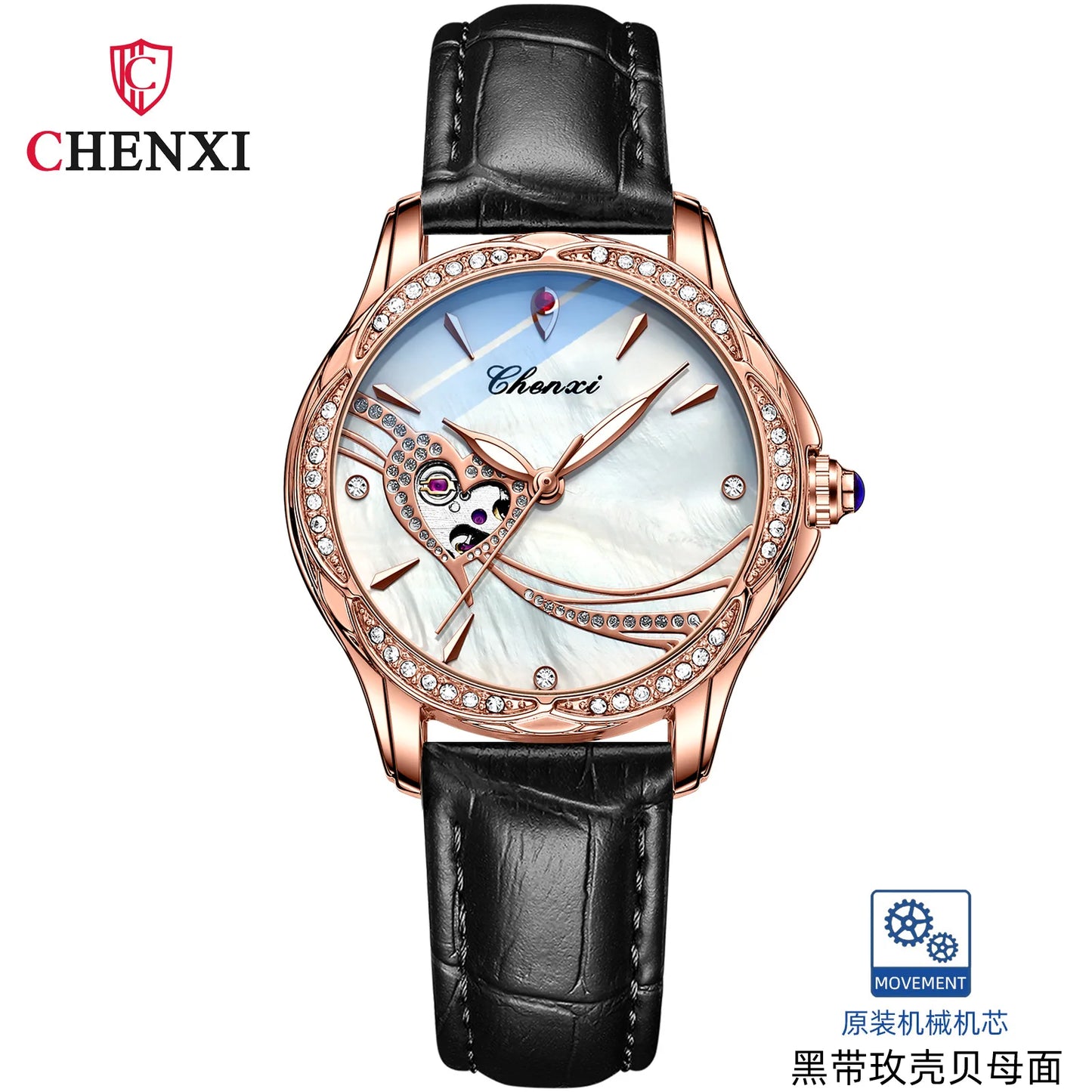 CHENXI 8837 Women's Luxury Diamond Skeleton Watch - Automatic Mechanical Stainless Steel Waterproof Timepiece