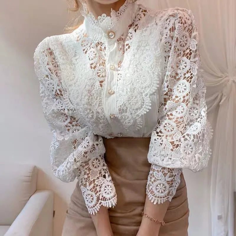 Women Blouse Petal Sleeve Stand Collar Hollow Out Flower Lace Patchwork Shirt