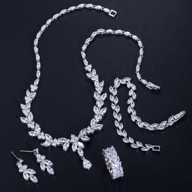 4pcs Delicate Leaf-Shaped Cubic Zirconia Jewelry Set – Drop Earrings, Necklace, Bracelet & Ring | Luxury Dubai Bridal Wedding Jewelry for Women Adela
