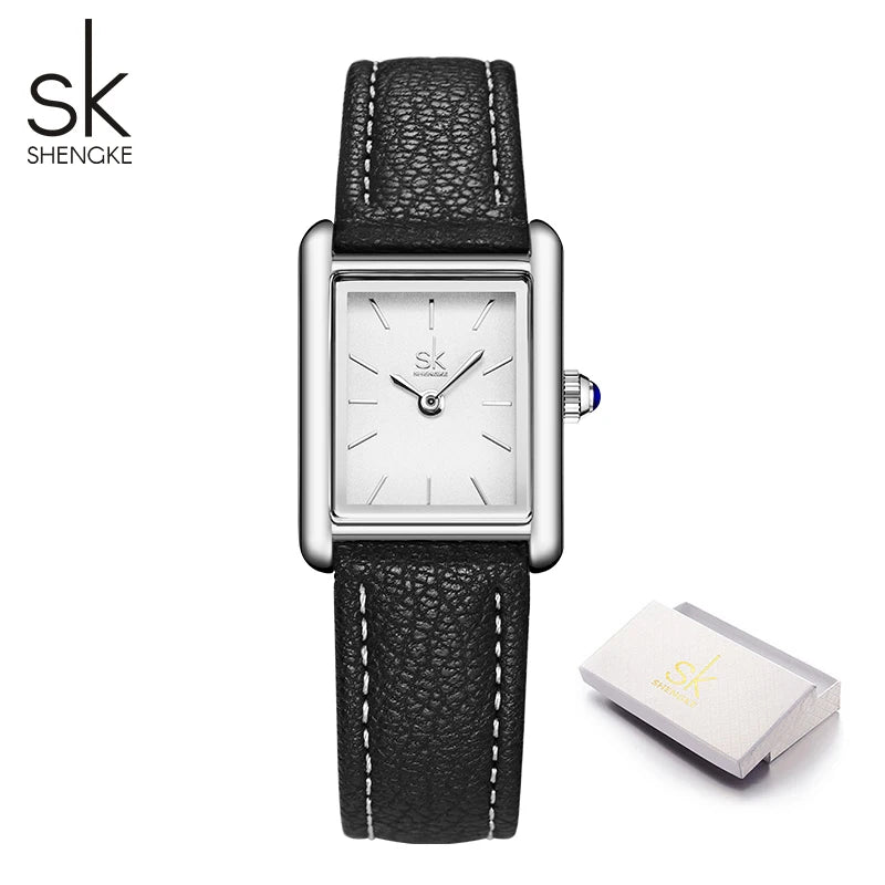 Shengke Women’s Silver Leather Watch – Elegant Ladies’ Quartz Wristwatch with Gift Box Temperance