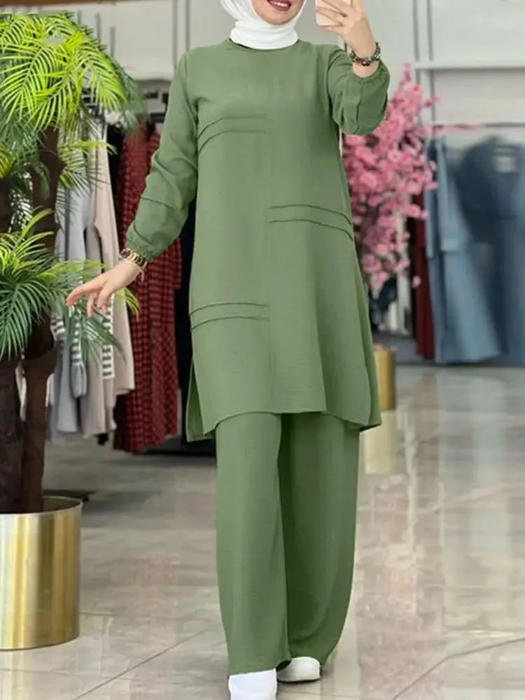 Elegant Muslim Women's Two-Piece Set – Long-Sleeved Shirt & Wide-Leg Pants | Modest Solid Color Outfit Ceyda