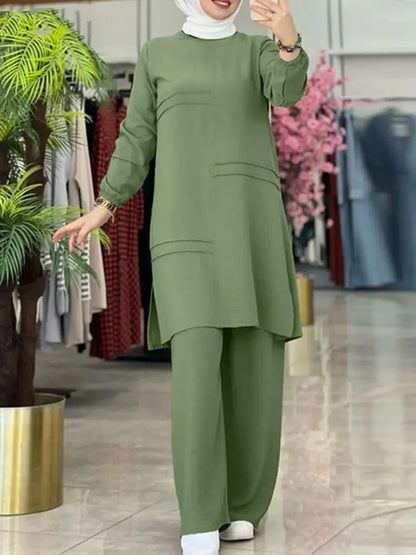 Elegant Muslim Women's Two-Piece Set – Long-Sleeved Shirt & Wide-Leg Pants | Modest Solid Color Outfit Ceyda