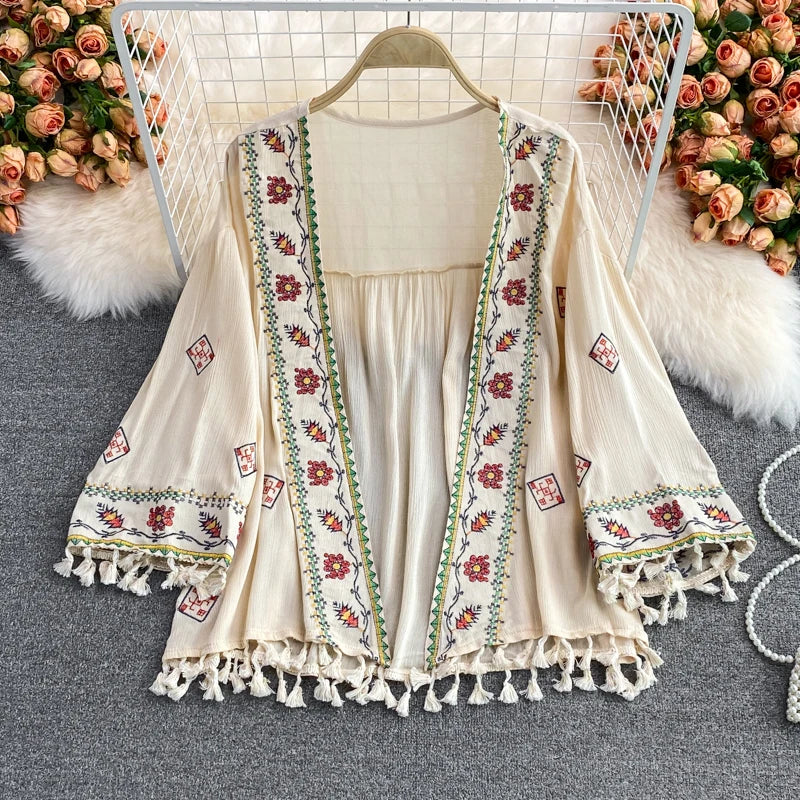 Women's Bohemian Ethnic-Style Loose Embroidered Tassel Top – Seaside Vacation Sun Protection Shawl Shirt