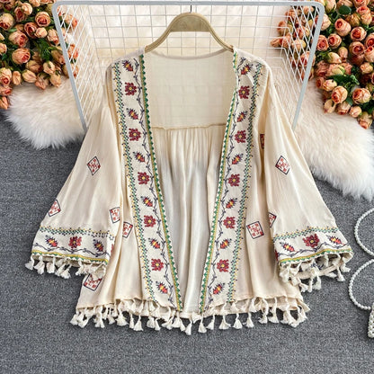 Women's Bohemian Ethnic-Style Loose Embroidered Tassel Top – Seaside Vacation Sun Protection Shawl Shirt